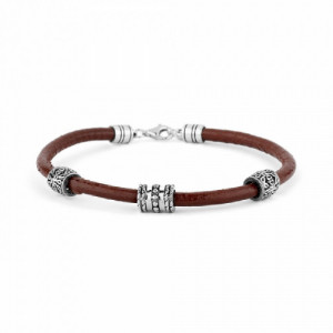 Pulsera de cuero marrón con tres motivos de plata. Promojoya