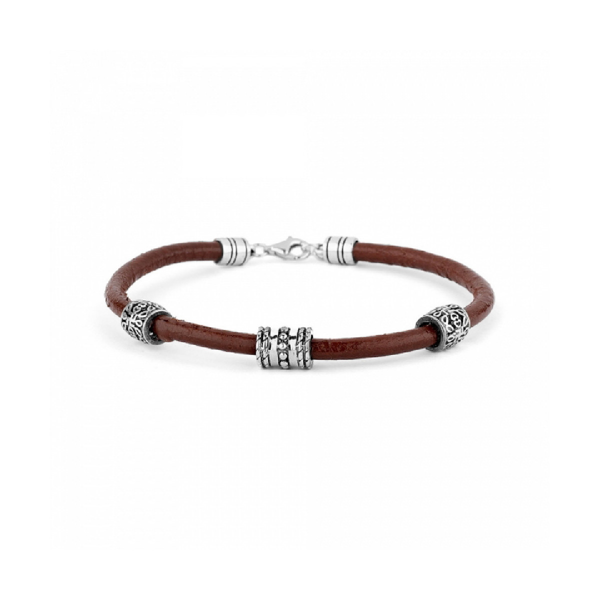 Pulsera de cuero marrón con tres motivos de plata. Promojoya
