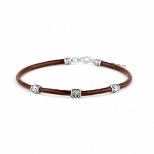 Pulsera de cuero marrón con tres motivos de plata. Promojoya