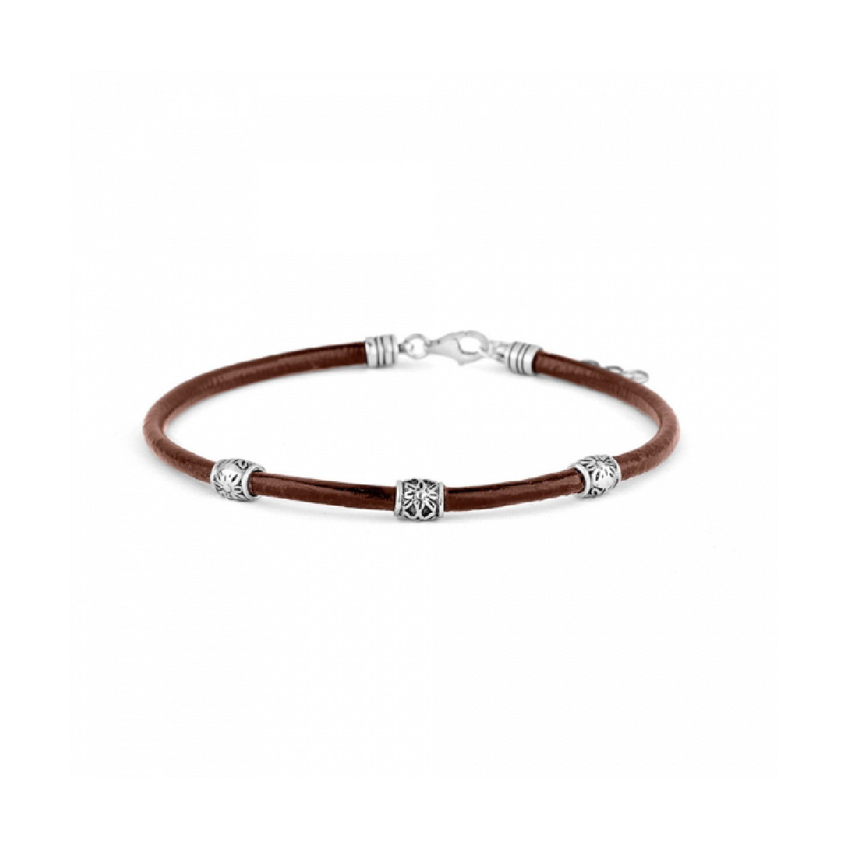 Pulsera de cuero marrón con tres motivos de plata. Promojoya