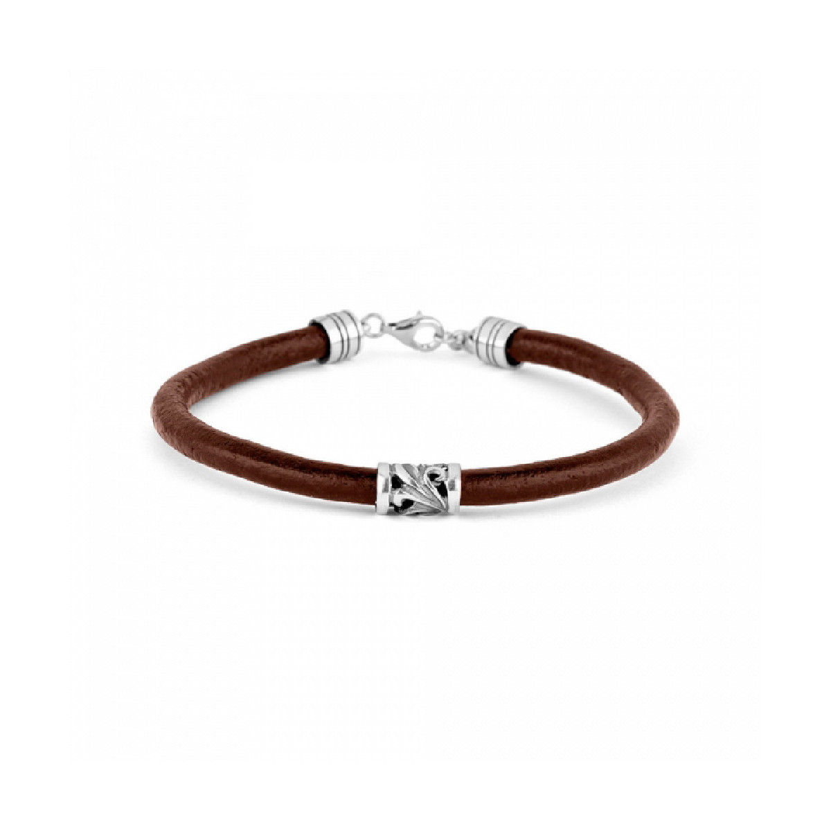Pulsera de cuero marrón con un motivo de plata en el centro. Promojoya
