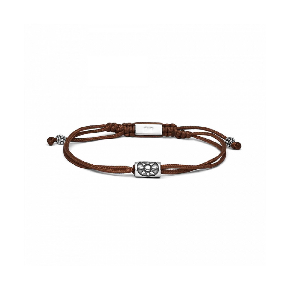Pulsera de hilo de seda marrón con un motivo de plata en el centro. Promojoya