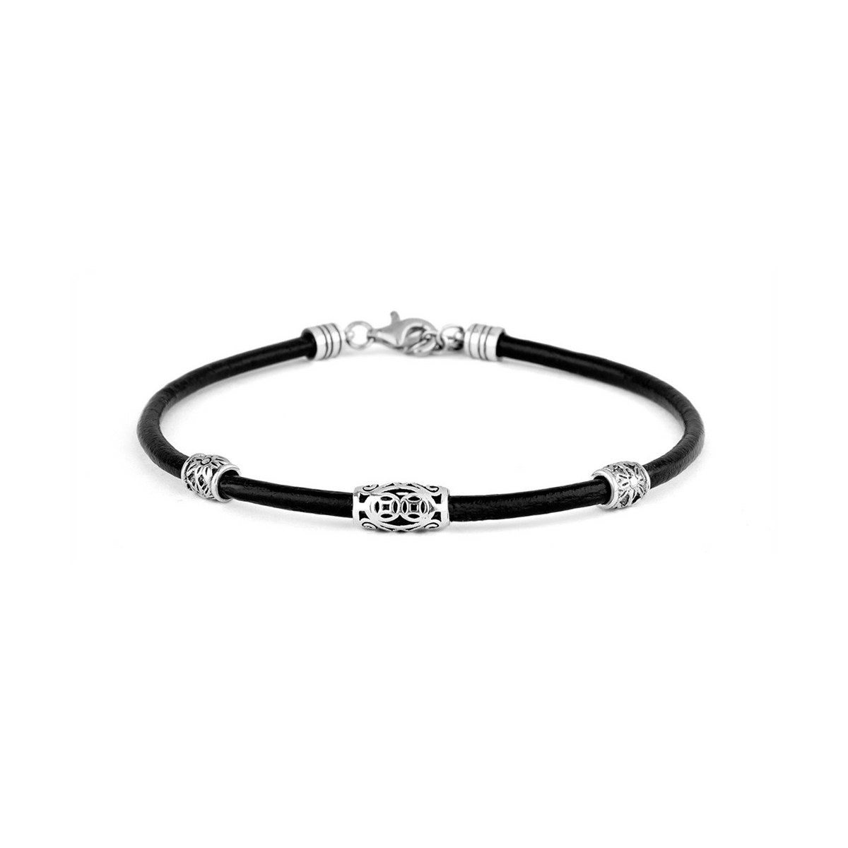 Pulsera de cuero negro con tres motivos de plata. Promojoya