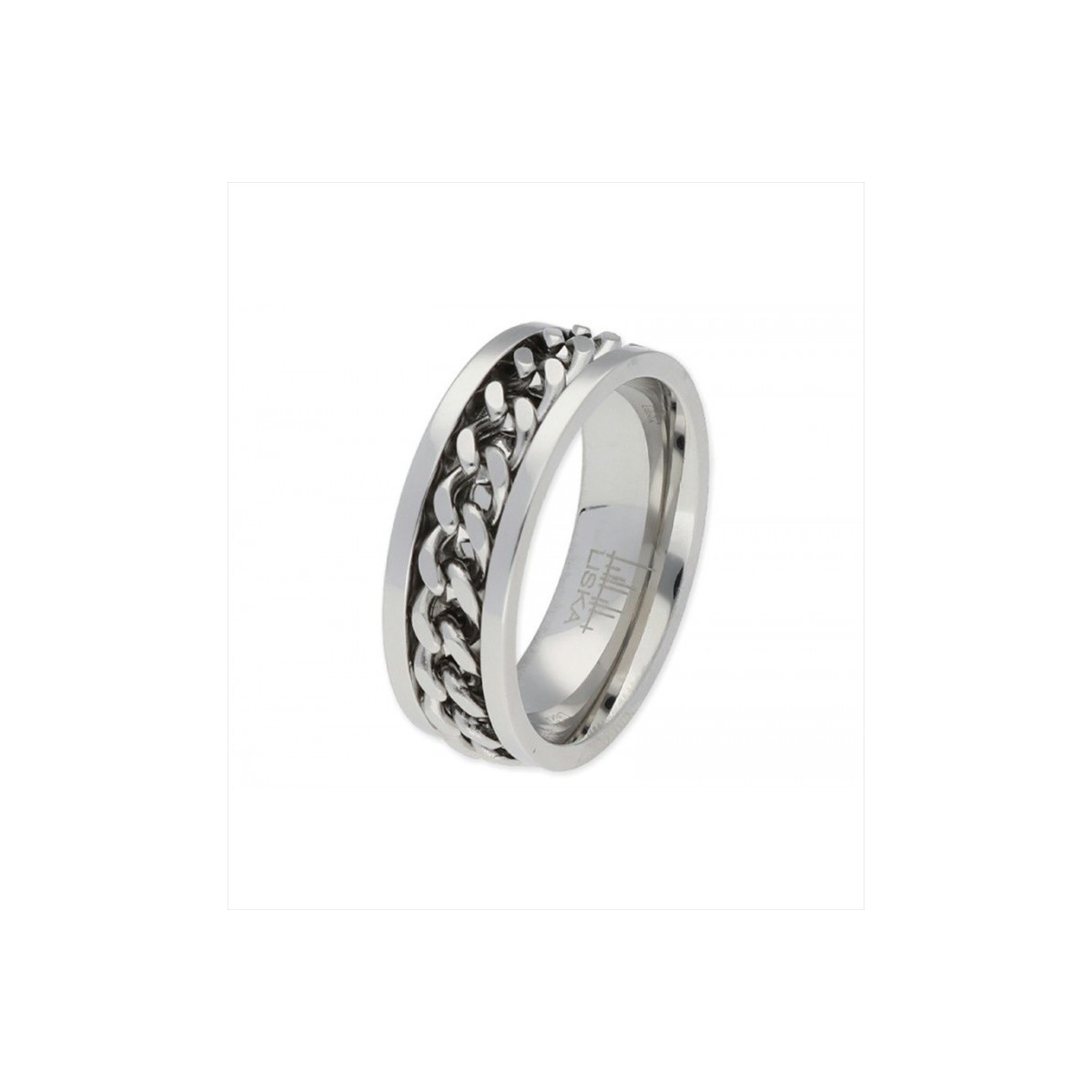 Anillo de acero con cadena en el centro. Talla: 22. Liska