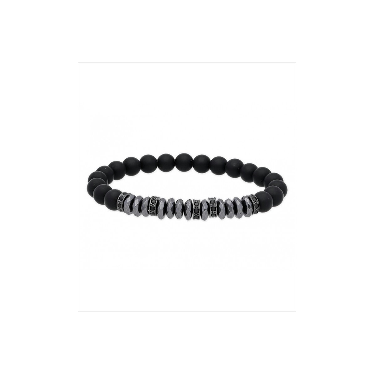Pulsera de acero, circonitas negras y piedras de óniz matizado. Liska