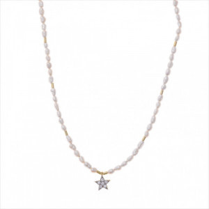 Gargantilla plata bañada en oro. Todo perlas. Colgante estrella circonitas blancas. Salvatore